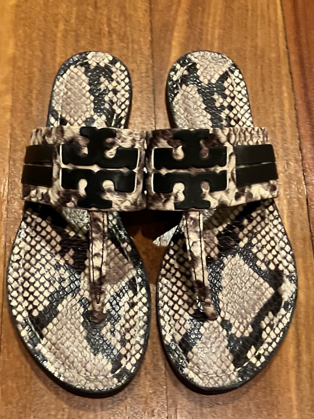 Tory Burch Snake-Print Black Logo Thong Sandals